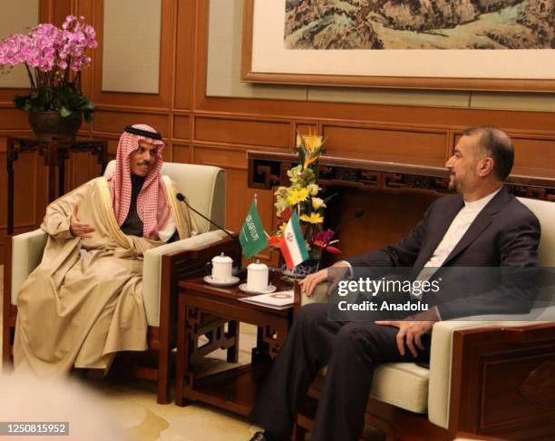 Iranian Minister of Foreign Affairs, Hossein Amir-Abdollahian meets Saudi Arabia's Foreign Minister Faisal bin Farhan Al Saud in Beijing, China on...