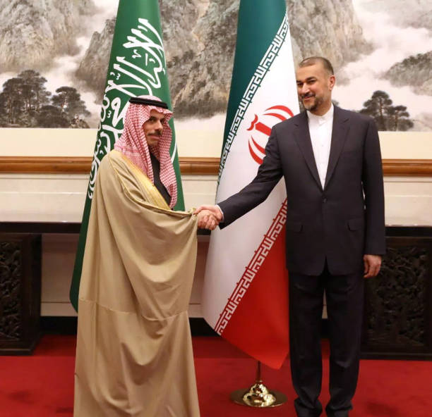 Iranian Minister of Foreign Affairs, Hossein Amir-Abdollahian meets Saudi Arabia's Foreign Minister Faisal bin Farhan Al Saud in Beijing, China on...
