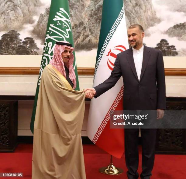 Iranian Minister of Foreign Affairs, Hossein Amir-Abdollahian meets Saudi Arabia's Foreign Minister Faisal bin Farhan Al Saud in Beijing, China on...