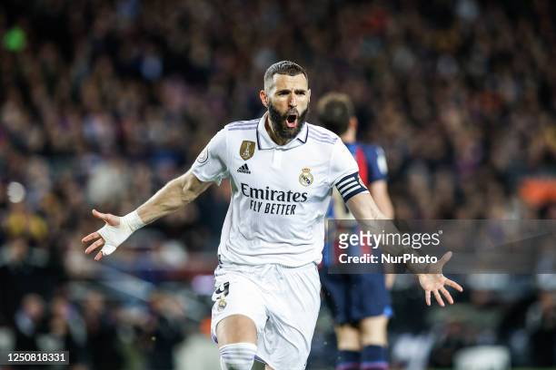 Karim Benzema of Real Madrid celebrates after scoring a goal during the semi finals of the Copa del Rey, Spanish Kings Cup match between FC Barcelona...
