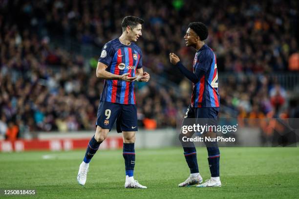 Robert Lewandowski of FC Barcelona talks with 28 Alex Balde of FC Barcelona during the semi finals of the Copa del Rey, Spanish Kings Cup match...