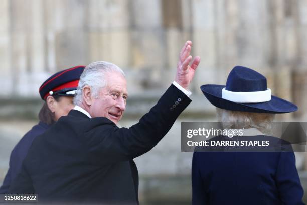 Britain's King Charles III and Britain's Camilla, Queen Consort arrive at York Minster ahead of the distribution of the Maundy money to 74 men and 74...