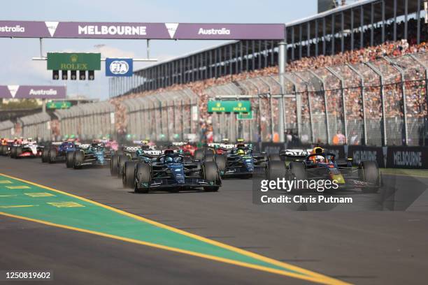 Max Verstappen of the Netherlands leads on race start at the 2023 Australian Formula 1 Grand Prix on 2nd April 2023