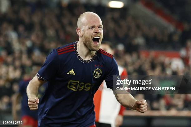 Ajax's Dutch midfelder Davy Klaassen celebrates his team's second goal during the Dutch Cup semi-final football match between Feyenoord and Ajax at...