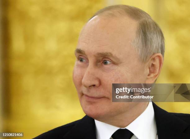 Russian President Vladimir Putin attends the summit of Russian-Belarussian Supreme State Council, at the Grand Kremlin Palace on April 6, 2023 in...