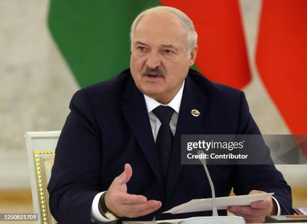 Belarussian President Alexander Lukashenko speaks during the summit of Russian-Belarussian Supreme State Council, at the Grand Kremlin Palace on...