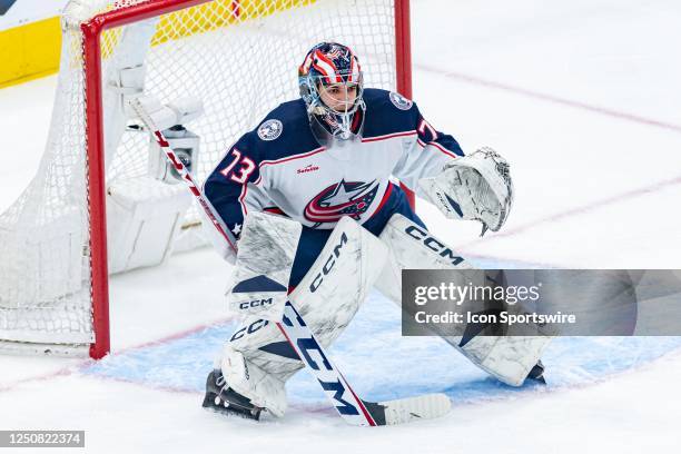 Columbus Blue Jackets Goalie Jet Greaves tends the net during the NHL regular season game between the Columbus Blue Jackets and the Toronto Maple...