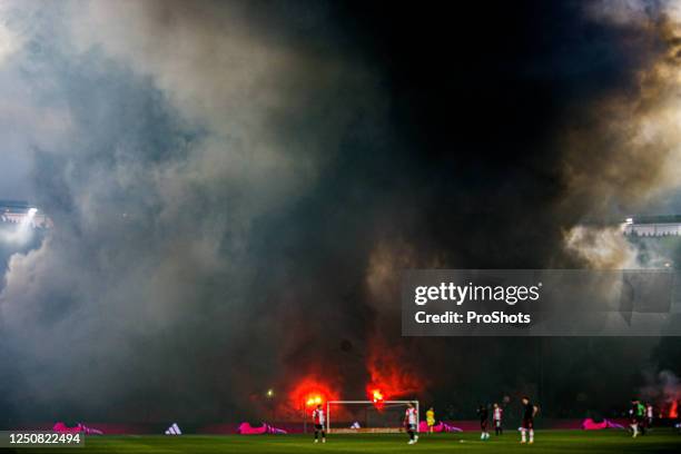 Stadium de Kuip, Dutch eredivisie cup, 2022 / 2023, Feyenoord - Ajax , Feyenoord supporters, Firework, vuurwerk, rook, rookbom, fakkel - Photo by...