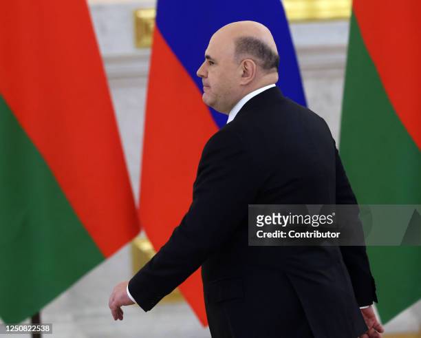 Russian Prime Minister Mikhail Mishustin seen during the summit of Russian-Belarussian Supreme State Council, at the Grand Kremlin Palace, on April...