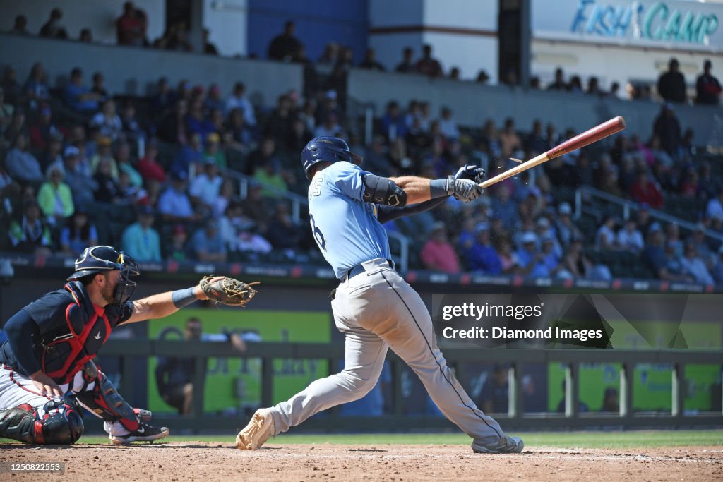 Evan Edwards of the Tampa Bay Rays hits a single during the ninth ...