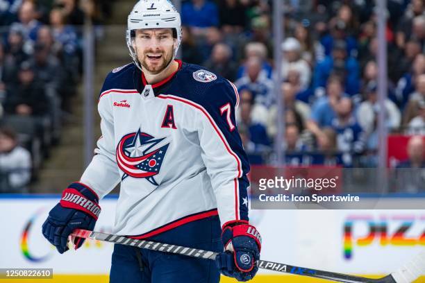 Columbus Blue Jackets Center Sean Kuraly reacts during the NHL regular season game between the Columbus Blue Jackets and the Toronto Maple Leafs on...