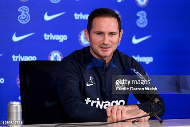 Caretaker manager Frank Lampard of Chelsea talks during a press conference at Chelsea Training Ground on April 6, 2023 in Cobham, England.