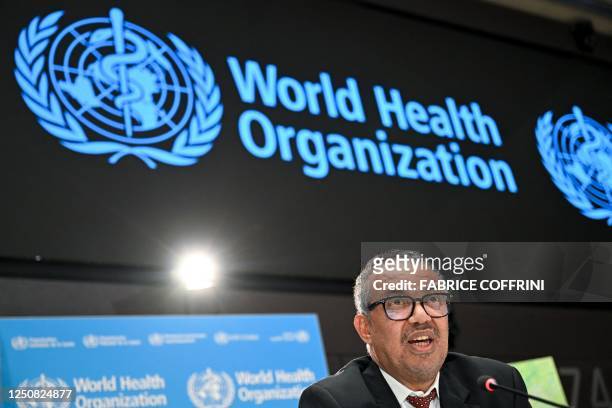 World Health Organization chief Tedros Adhanom Ghebreyesus looks on during a press conference on the World Health Organization's 75th anniversary in...