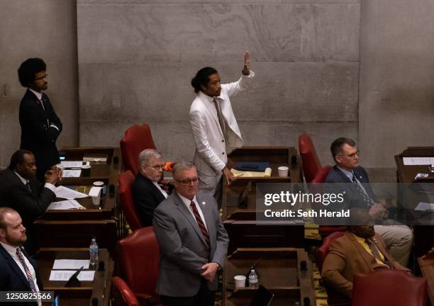 Democratic Reps. Justin Pearson of Memphis, and Justin Jones of Nashville, face being expelled from the state legislature at the State Capitol...