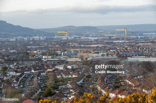 Belfast city center seen from the hills above East Belfast, Northern Ireland, UK. On Friday, March 31, 2023. Northern Ireland and its Good Friday...