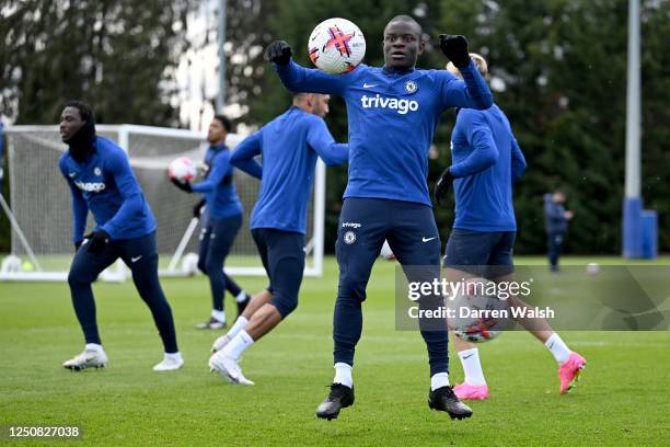 Golo Kante of Chelsea during a training session at Chelsea Training Ground on April 6, 2023 in Cobham, England.