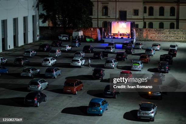 General view of the public parking area and the stage during the "Drive Live" DriveIn concert on June 19, 2020 in Pontecagnano Faiano, Italy. "Drive...