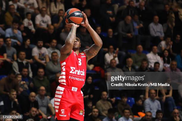 Isaiah Canaan of Olympiacos Piraeus shoots for three points during the 2022/2023 Turkish Airlines EuroLeague match between Crvena Zvezda mts Belgrade...