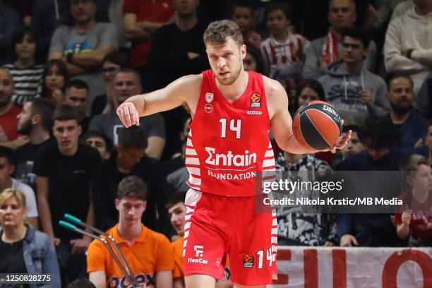 Sasha Vezenkov of Olympiacos Piraeus reacts during the 2022/2023 Turkish Airlines EuroLeague match between Crvena Zvezda mts Belgrade and Olympiacos...