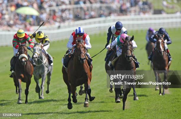 Jockey Ryan Moore riding Doctor Freemantle winning the Chester Vase at Chester, 8th May 2008. Placed second Jockey Philip Robinson riding All The...