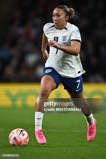 England's striker Lauren James controls the ball during the "Finalissima" International football match between England and Brazil at Wembley Stadium...