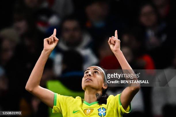 Brazil's forward Andressa Alves celebrates after scoring her team first goal during the "Finalissima" International football match between England...