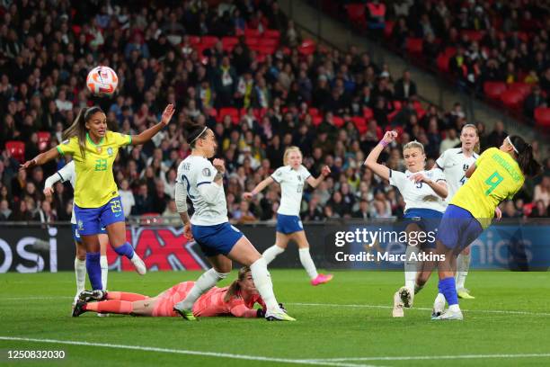 Brazil's Andressa Alves scores their first goal during the Womens Finalissima 2023 between England and Brazil at Wembley Stadium on April 6, 2023 in...