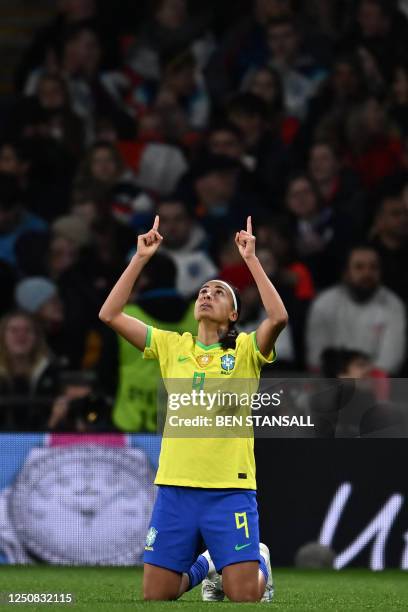 Brazil's forward Andressa Alves celebrates after scoring her team first goal during the "Finalissima" International football match between England...