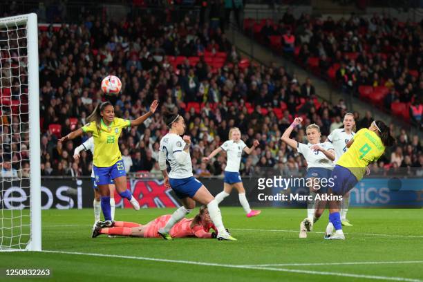 Brazil's Andressa Alves scores their first goal during the Womens Finalissima 2023 between England and Brazil at Wembley Stadium on April 6, 2023 in...