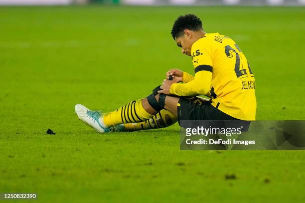 Jude Bellingham of Borussia Dortmund looks dejected during the Bundesliga match between FC Schalke 04 and Borussia Dortmund at Veltins-Arena on March...