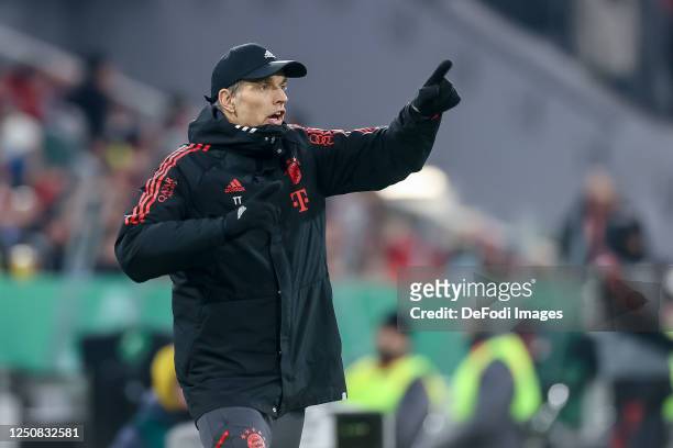 Head coach Thomas Tuchel of Bayern Muenchen gestures during the DFB Cup quarterfinal match between FC Bayern München and SC Freiburg at Allianz Arena...