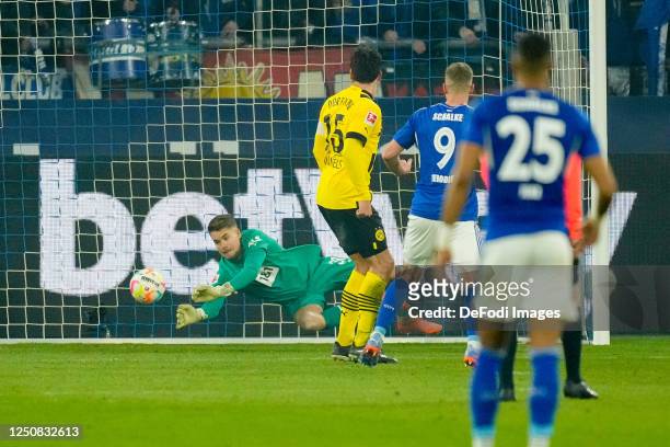 Goalkeeper Alexander Meyer of Borussia Dortmund controls the ball during the Bundesliga match between FC Schalke 04 and Borussia Dortmund at...