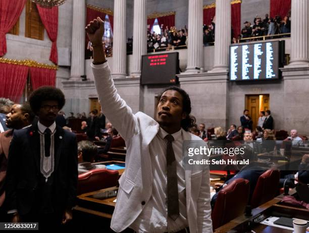Democratic state Rep. Justin Jones of Nashville gestures during a vote on his expulsion from the state legislature at the State Capitol Building on...