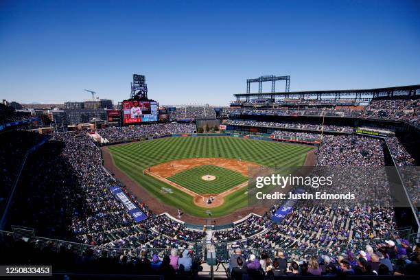 General view of the stadium during a game between the Colorado Rockies and the Washington Nationals in the second inning on Opening Day at Coors...