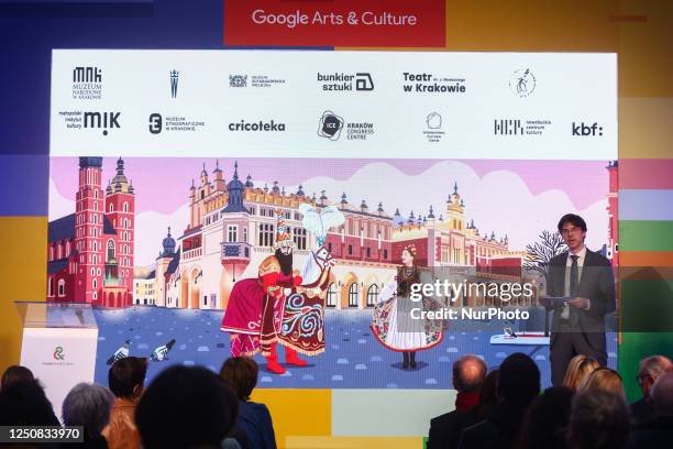 Simon Rein, Google Arts and Culture Senior Program Manager, speaks during an opening ceremony of 'Krakow-wow!' online collection on Google Arts &amp;...