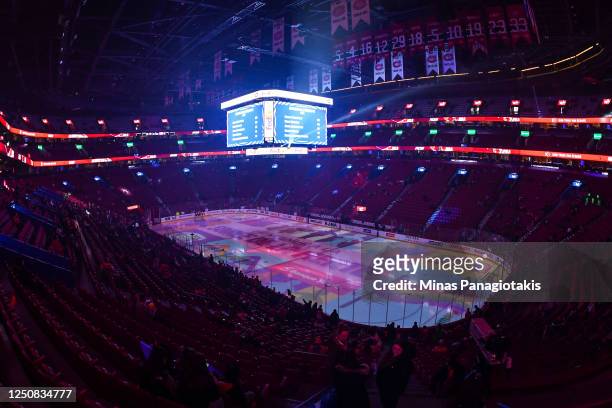 Projections are displayed on the ice during Pride Night prior to the game between the Montreal Canadiens and the Washington Capitals at Centre Bell...