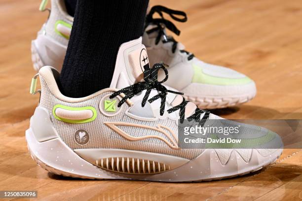 The sneakers worn by Jimmy Butler of the Miami Heat before the game against the Philadelphia 76ers on April 6, 2023 at the Wells Fargo Center in...