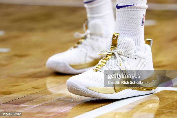 The Under Armour shoes worn by Joel Embiid of the Philadelphia 76ers are shown during a game against the Miami Heat at Wells Fargo Center on April 6,...