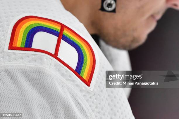 Closeup view of a patch on the Montreal Canadiens' jersey celebrating "Pride Night" during warm-ups prior to the game against the Washington Capitals...