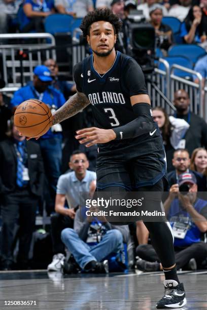 Chuma Okeke of the Orlando Magic dribbles the ball against the Cleveland Cavaliers on April 6, 2023 at Amway Center in Orlando, Florida. NOTE TO...