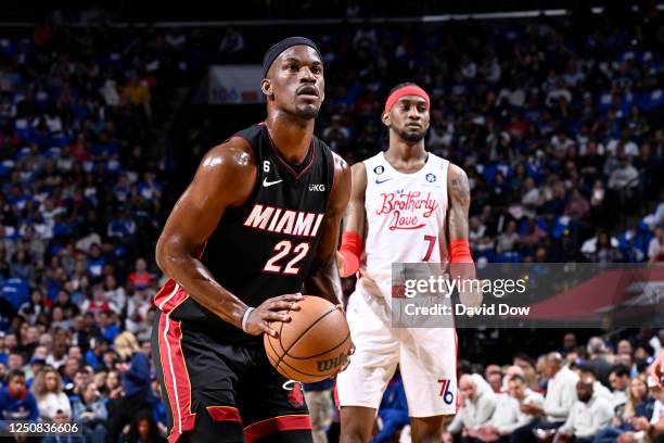 Jimmy Butler of the Miami Heat prepares to shoot a free throw during the game against the Philadelphia 76ers on April 6, 2023 at the Wells Fargo...