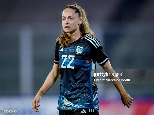 Estefania Banini of Argentina looks on during an international friendly match between Argentina and Venezuela at Mario Alberto Kempes Stadium on...