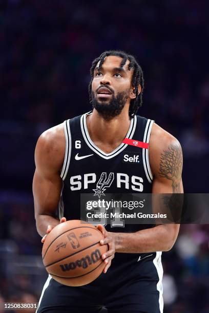 Keita Bates-Diop of the San Antonio Spurs prepares to shoot a free throw during the game against the Portland Trail Blazers on April 6, 2023 at the...