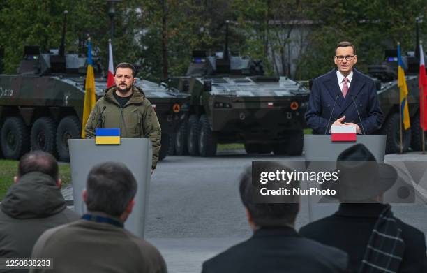 President of Ukraine Volodymyr Zelenskyy and Polish Prime Minister Mateusz Morawiecki, during a join press conference, at the Chancellery of the...