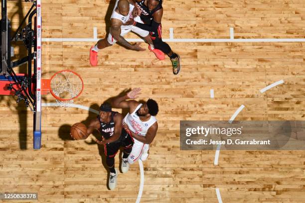 Jimmy Butler of the Miami Heat drives to the basket during the game against the Philadelphia 76ers on April 6, 2023 at the Wells Fargo Center in...
