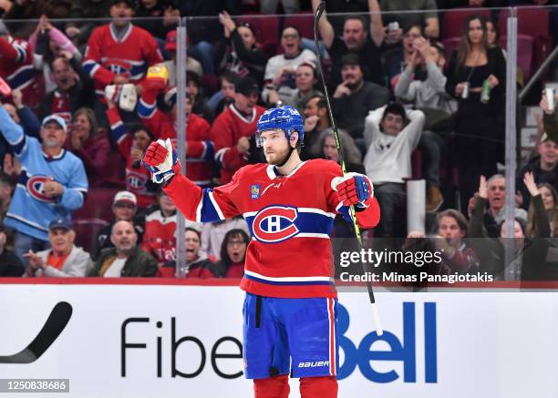 Joel Armia of the Montreal Canadiens celebrates a short-handed goal during the second period against the Washington Capitals at Centre Bell on April...