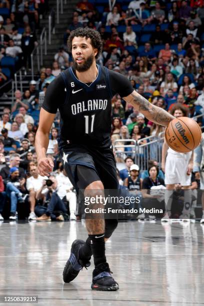 Michael Carter-Williams of the Orlando Magic dribbles the ball against the Cleveland Cavaliers on April 6, 2023 at Amway Center in Orlando, Florida....