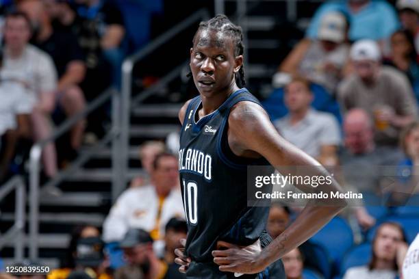 Bol Bol of the Orlando Magic looks on during the game against the Cleveland Cavaliers on April 6, 2023 at Amway Center in Orlando, Florida. NOTE TO...