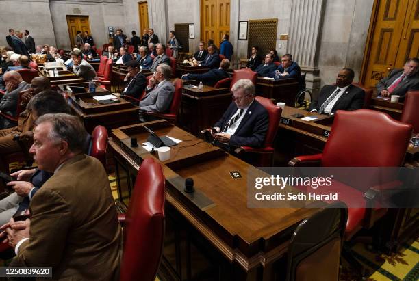 The empty desk of Democratic state Rep. Justin Pearson of Memphis is shown after he was expelled from the state Legislature on April 6, 2023 in...