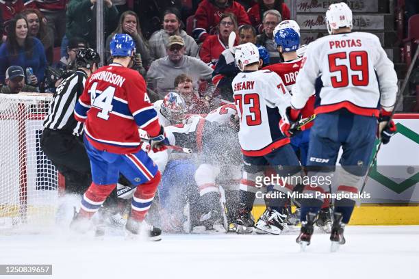 Scuffle breaks out between the Montreal Canadiens and the Washington Capitals during the third period at Centre Bell on April 6, 2023 in Montreal,...
